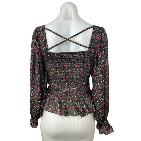 Code X Mode Women's Black Floral Smocked Square Neck Long Sleeve Blouse Top S - Picture 2 of 4